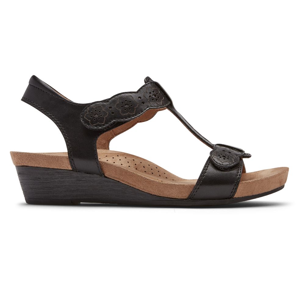 Rockport Cobb Hill Hollywood T-Strap - Womens Wedges Sandals - Black - NZ (NQR-429658)